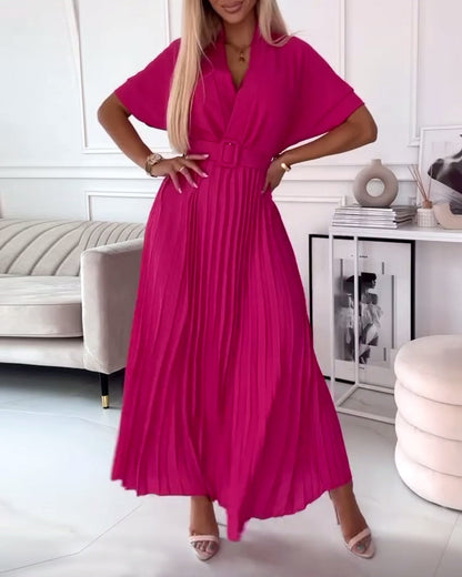 Solid color V-neck short-sleeve pleated elegant dress