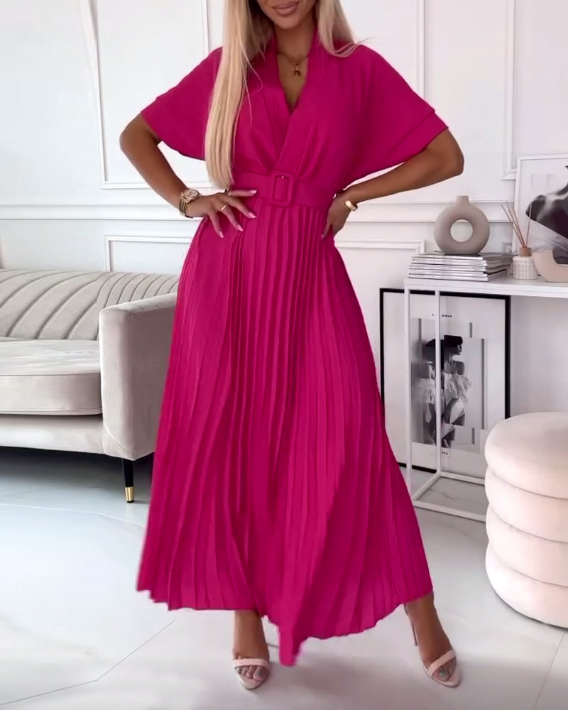 Solid color V-neck short-sleeve pleated elegant dress