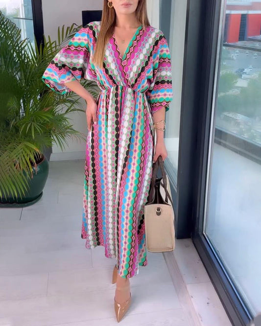 Colorful patchwork printed V-neck three-quarter sleeve dress