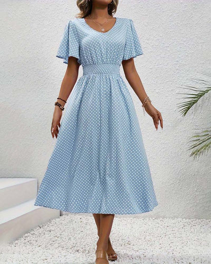 Elegant polka dot print butterfly sleeve waist dress