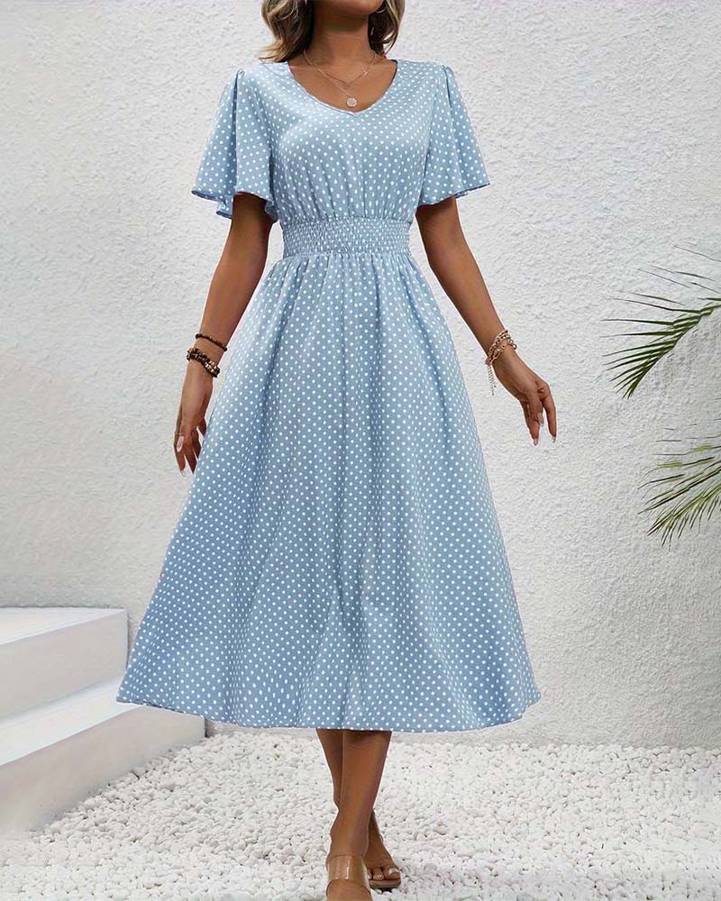 Elegant polka dot print butterfly sleeve waist dress