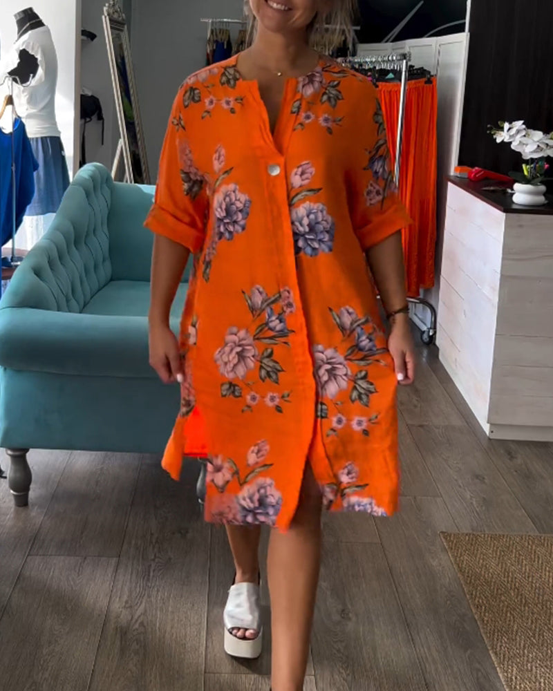 Button printed V-neck dress