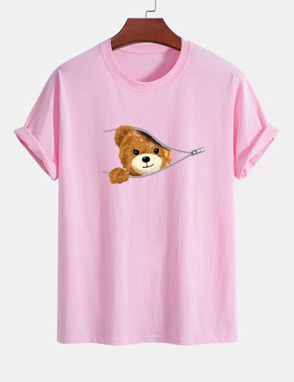 Regular Fit Zipper Bear Print Cotton T-Shirt