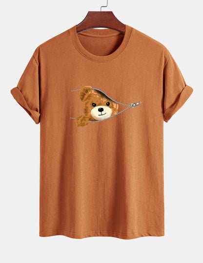 Regular Fit Zipper Bear Print Cotton T-Shirt