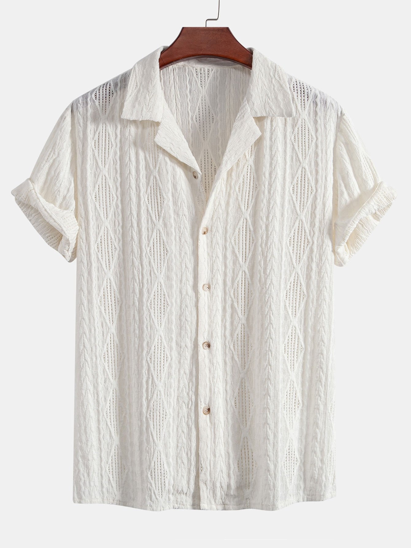 Geometric Jacquard Eyelet Cuban Shirt & Linen Cotton Blend Cropped Pants