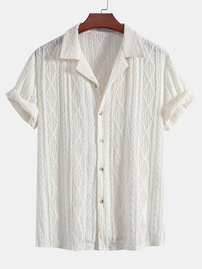 Geometric Jacquard Eyelet Cuban Shirt & Linen Cotton Blend Cropped Pants