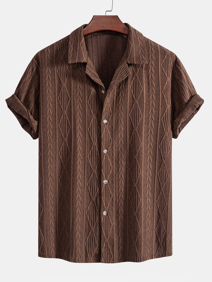 Geometric Jacquard Eyelet Cuban Shirt & Textured Shorts With Lining