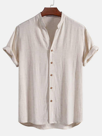 Short Sleeve V Neck Linen Rayon Blend Shirt & Wrinkle Textured Straight Leg Pants