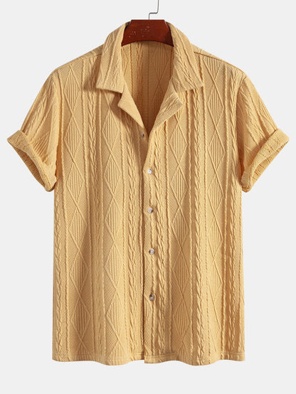 Knitted Geometric Textured Cuban Shirt & Straight Leg Linen Pants