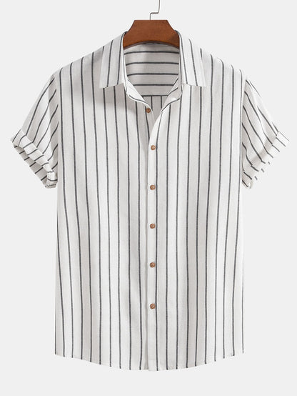 Cotton Blend Striped Button Up Shirt & Straight Leg Linen Pants