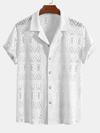 Short Sleeve Geometry Textured Cuban Shirt & Linen Cotton Blend Shorts