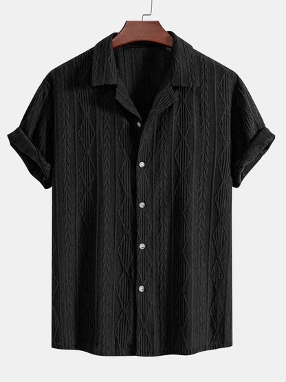 Geometric Jacquard Eyelet Cuban Shirt & Linen Drawstring Shorts