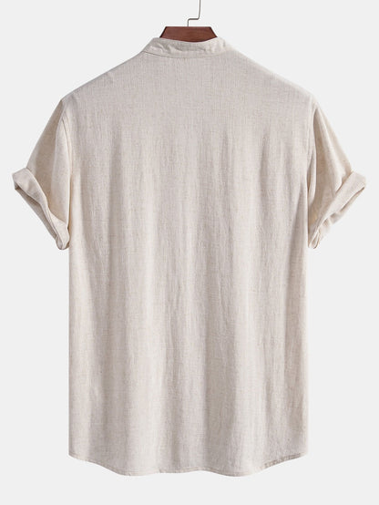 Short Sleeve V Neck Linen Rayon Blend Shirt & Wrinkle Textured Straight Leg Pants