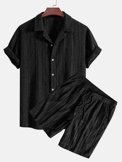 Geometric Jacquard Eyelet Cuban Shirt & Textured Shorts With Lining