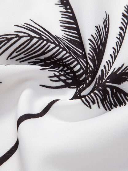 Palm Tree Print Button Up Shirt & Stripe Print Swim Shorts