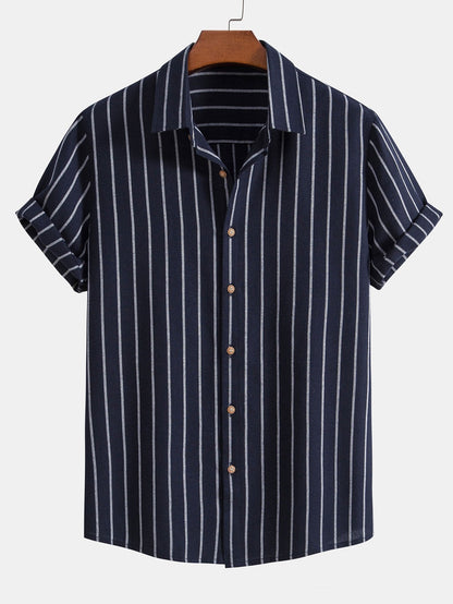 Cotton Blend Striped Button Up Shirt & Linen Drawstring Shorts