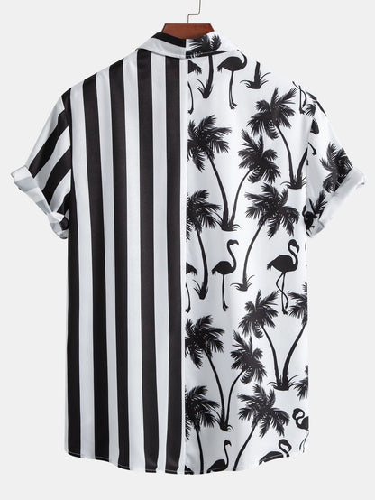 Palm Tree Flamingo Stripe Patchwork Print Button Up Shirt & Swim Shorts