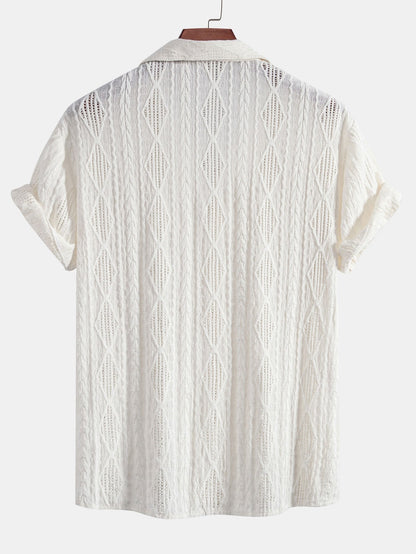 Geometric Jacquard Eyelet Cuban Shirt & Linen Drawstring Shorts