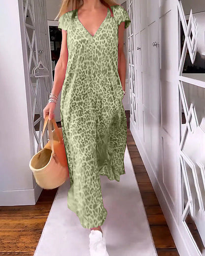 V-neck printed short-sleeved long dress