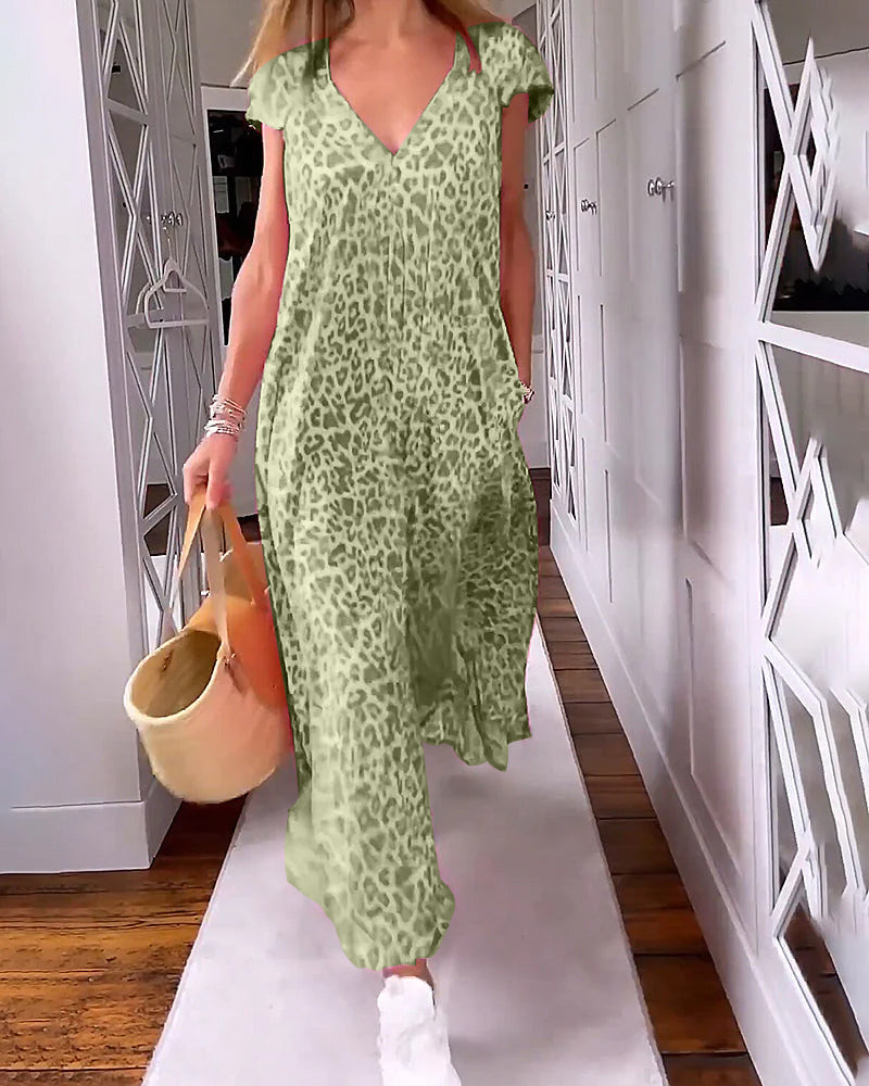V-neck printed short-sleeved long dress