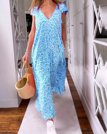 V-neck printed short-sleeved long dress