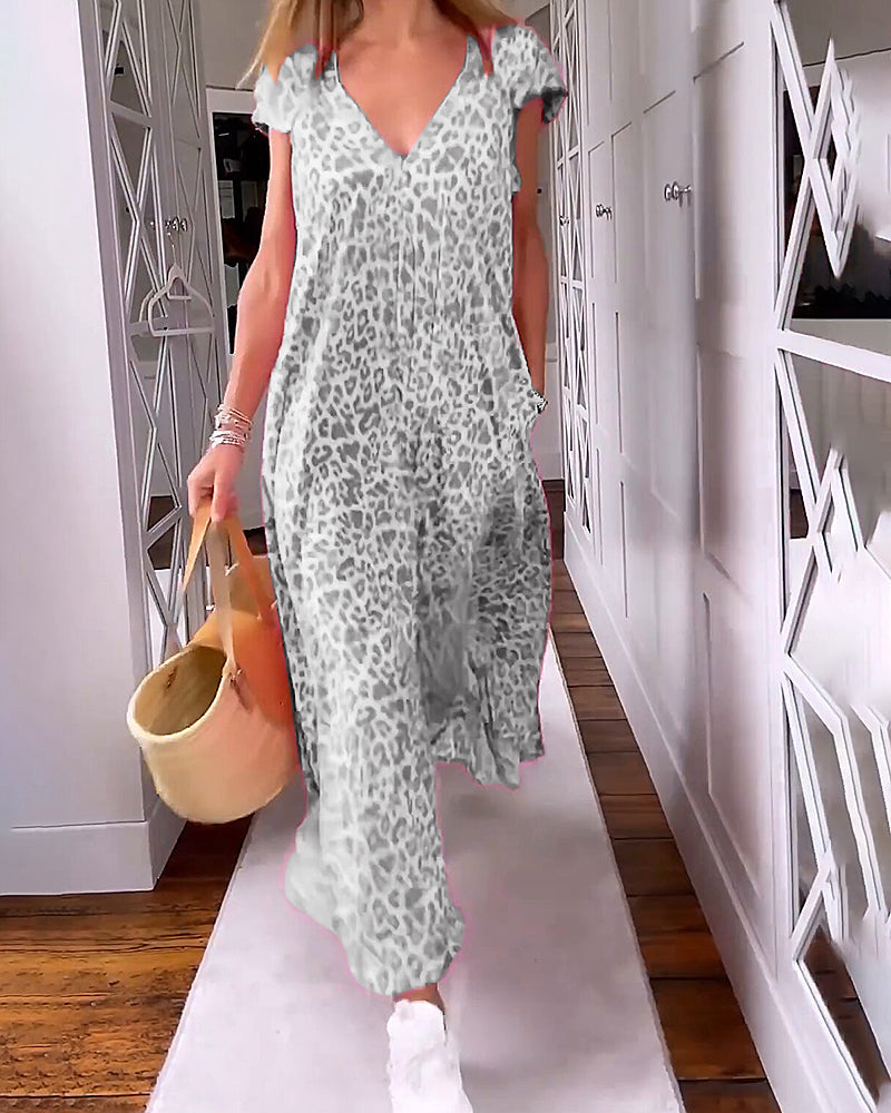 V-neck printed short-sleeved long dress
