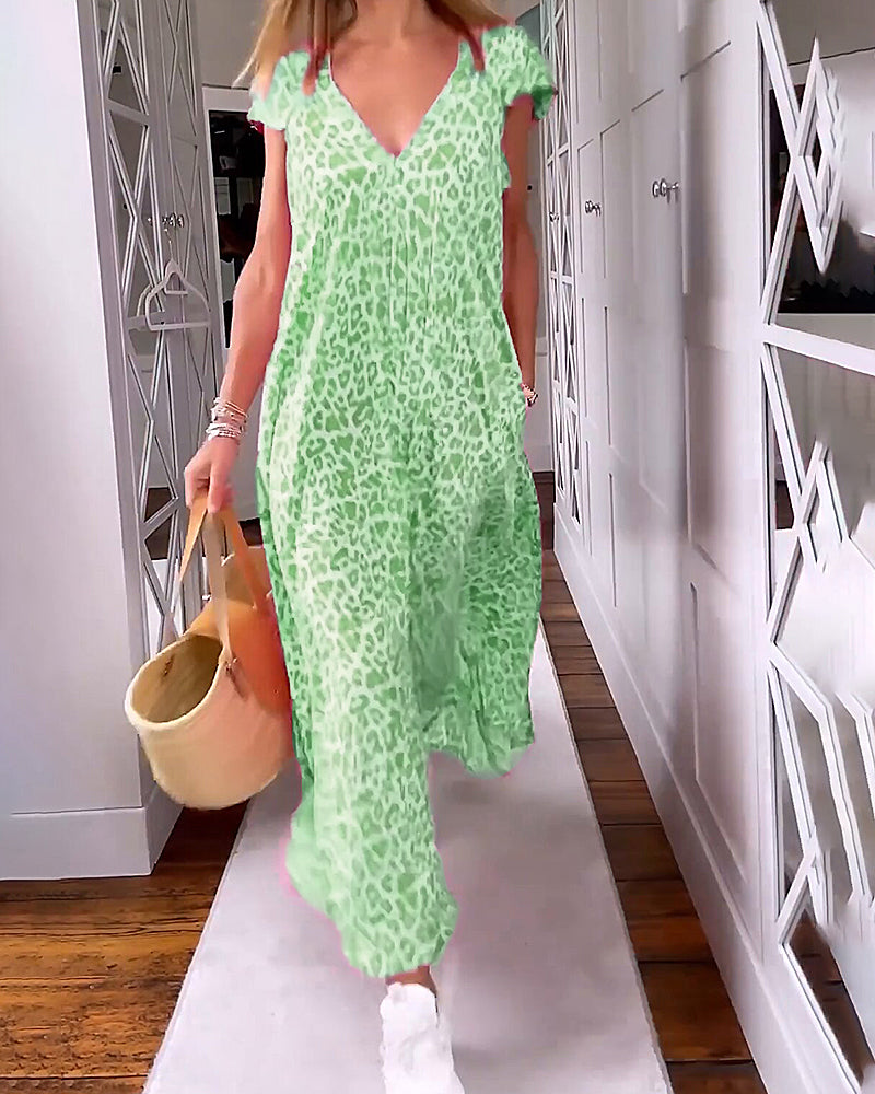 V-neck printed short-sleeved long dress